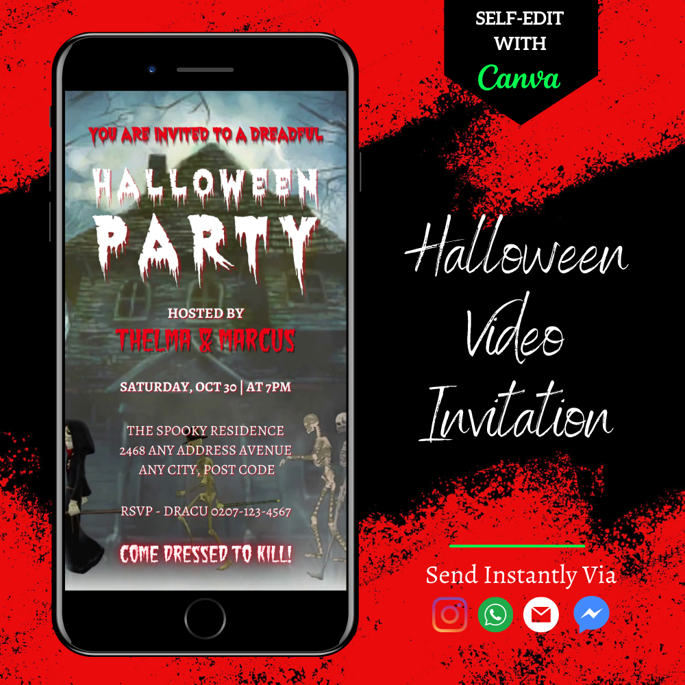 Hunted House & Ghosts | Halloween Party Video Invite displayed on a mobile phone screen, featuring editable text and graphics for a spooky video invitation template.