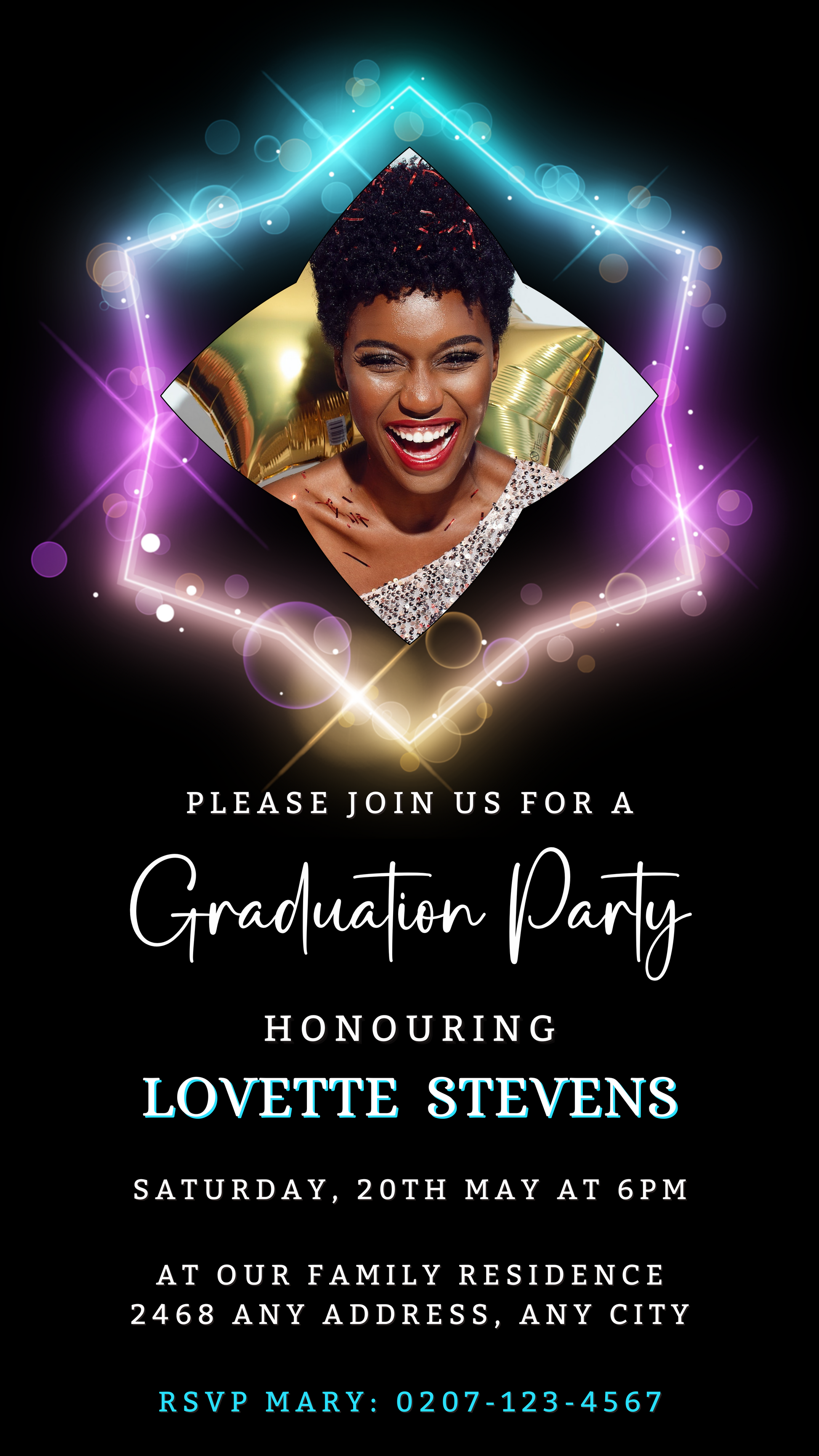 Neon Diamond Frame Graduation Party Invitation with customizable black and gold design, featuring celebratory elements like a graduation cap and diploma. Editable via Canva.