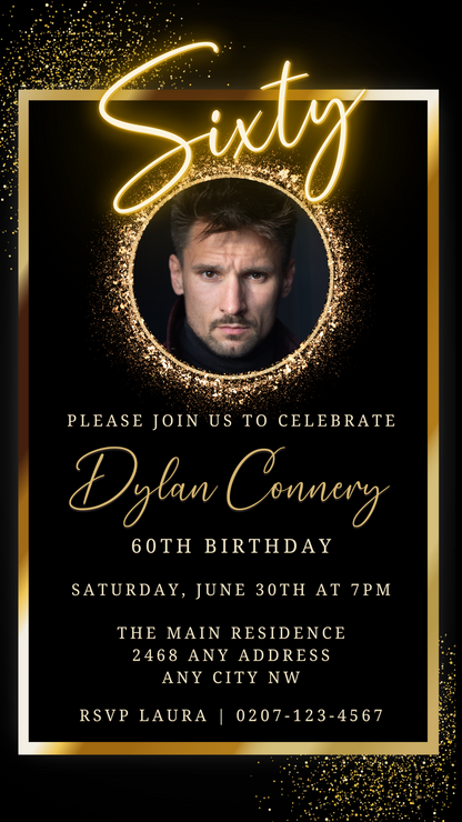 Neon Gold Oval Photo Frame | 60th Birthday Evite featuring a man's face in a gold frame, customizable via Canva for digital invites.