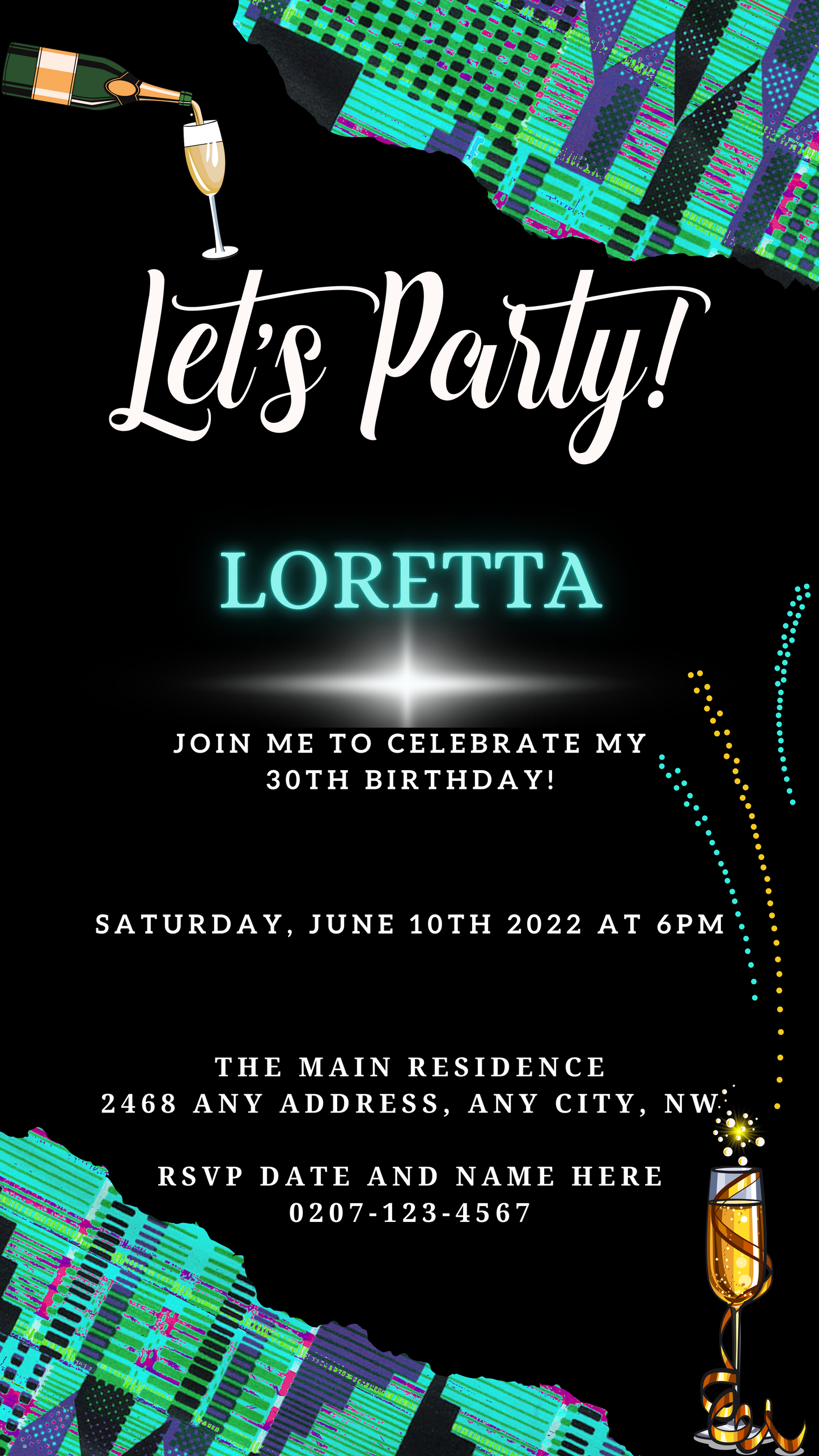 Teal Black African Kente customizable digital party evite with black and white text, colorful fireworks, and editable design elements for personalizing events.