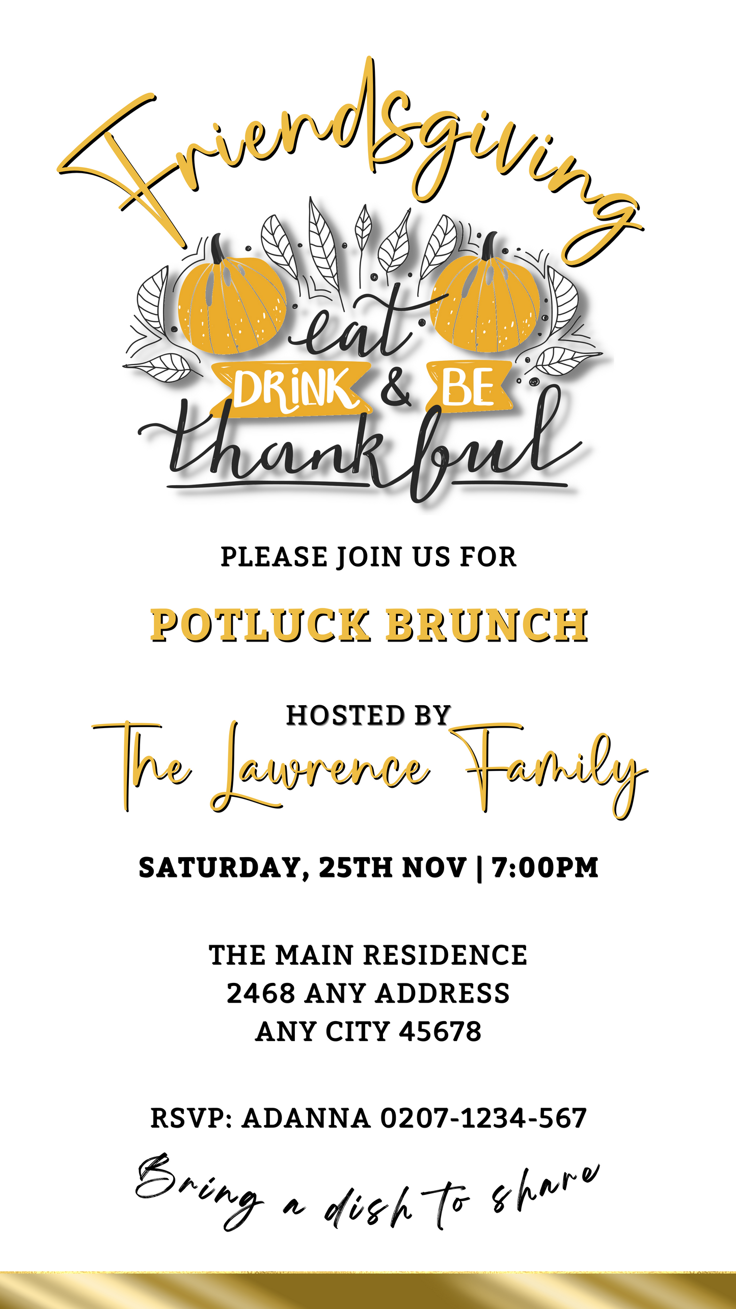 Elegant FriendsGiving Potluck | Thanksgiving Brunch Invitation featuring white and yellow design with oranges and text, editable via Canva for personalized digital sharing.