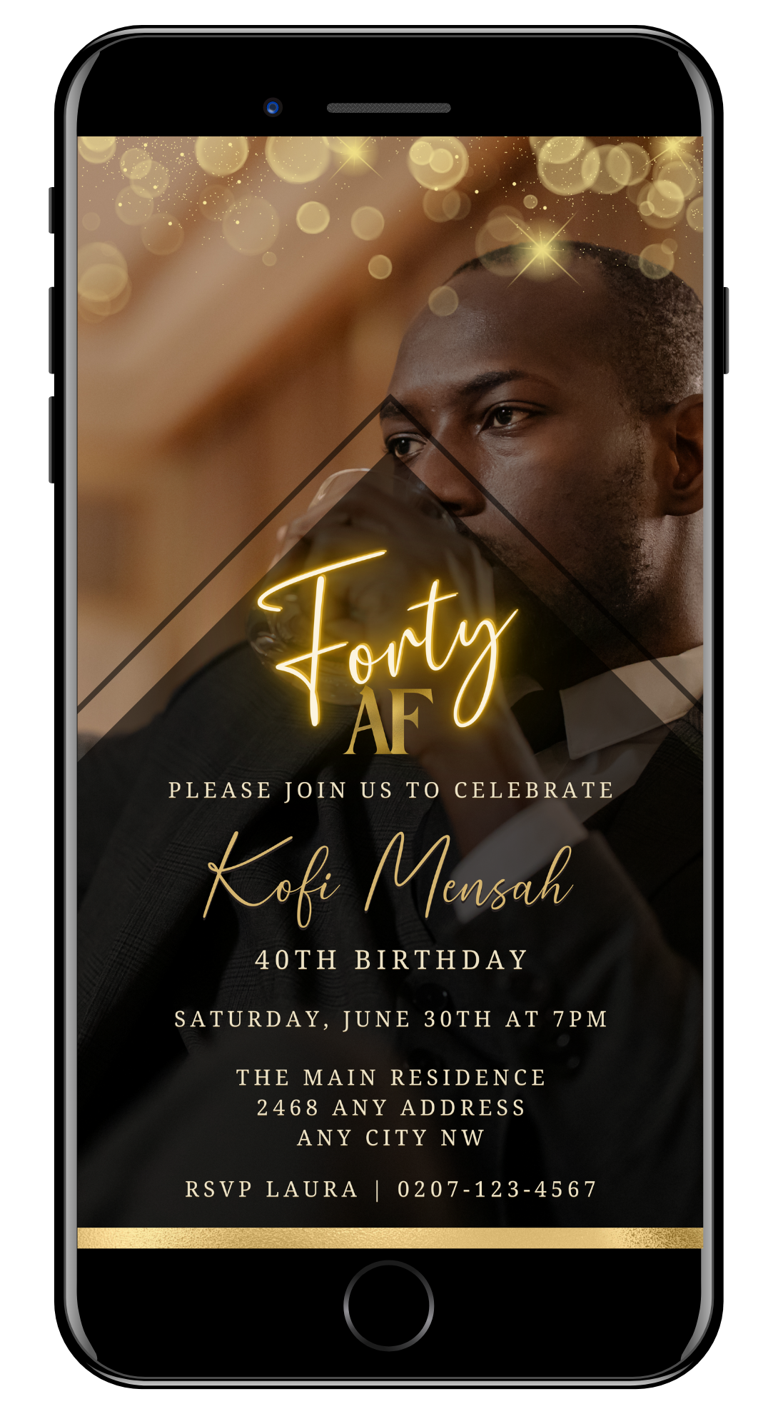 Man in suit and tie with customizable Gold Neon Forty AF Party Evite template for download and personalization using Canva.