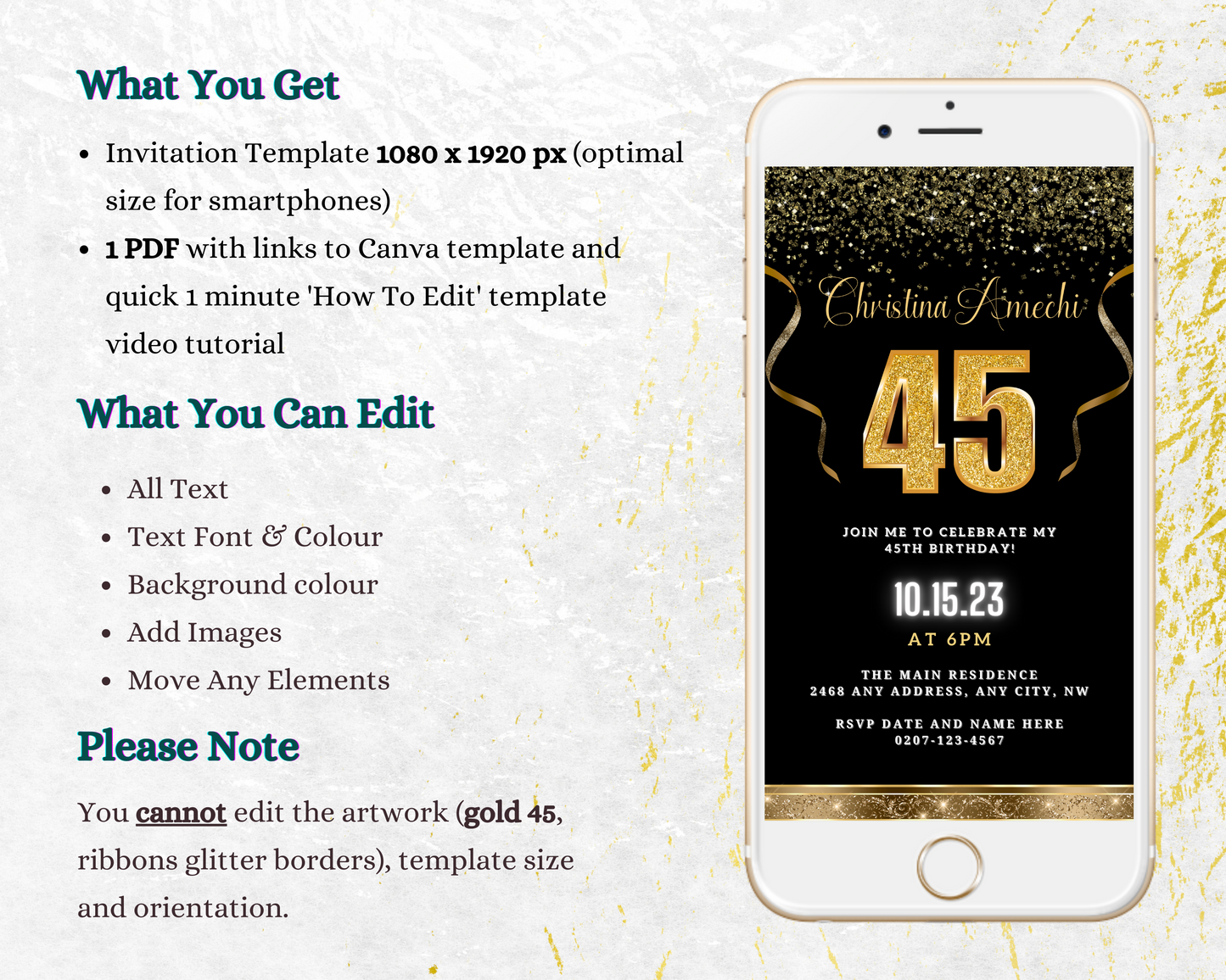 Phone displaying Black Gold Confetti 45th Birthday Evite template with editable text and gold accents.