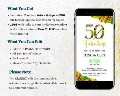 Cell phone displaying customizable Green Yellow Kente White | 50 & Fabulous Birthday Evite template for editing in Canva on a white background.