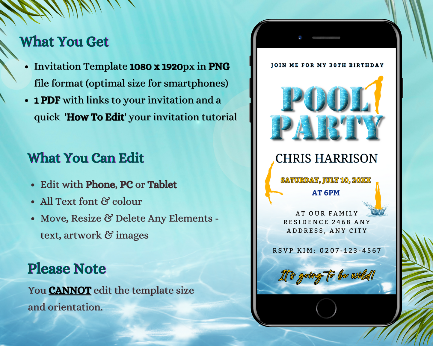 Splash Swimming Pool Digital Party Invitation on a smartphone screen, customizable via Canva for electronic sharing through text, email, or social media.