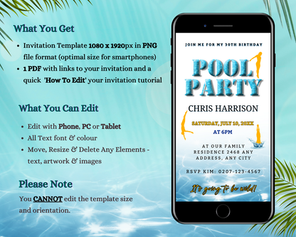 Splash Swimming Pool Digital Party Invitation on a smartphone screen, customizable via Canva for electronic sharing through text, email, or social media.