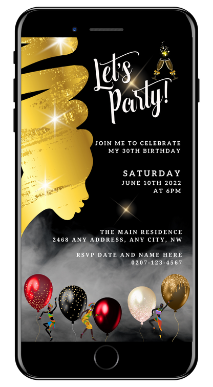 Editable Smoking Gold African Woman Silhouette Party Evite displayed on a smartphone screen, surrounded by black and gold-themed balloons.