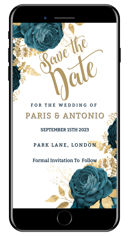 Cell phone displaying a customizable Rustic Gold Blue Save The Date Wedding Evite, featuring editable text and blue floral design.