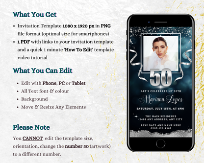 Cell phone displaying a customizable digital Navy Silver Glitter 50th Birthday Evite with a woman's photo.