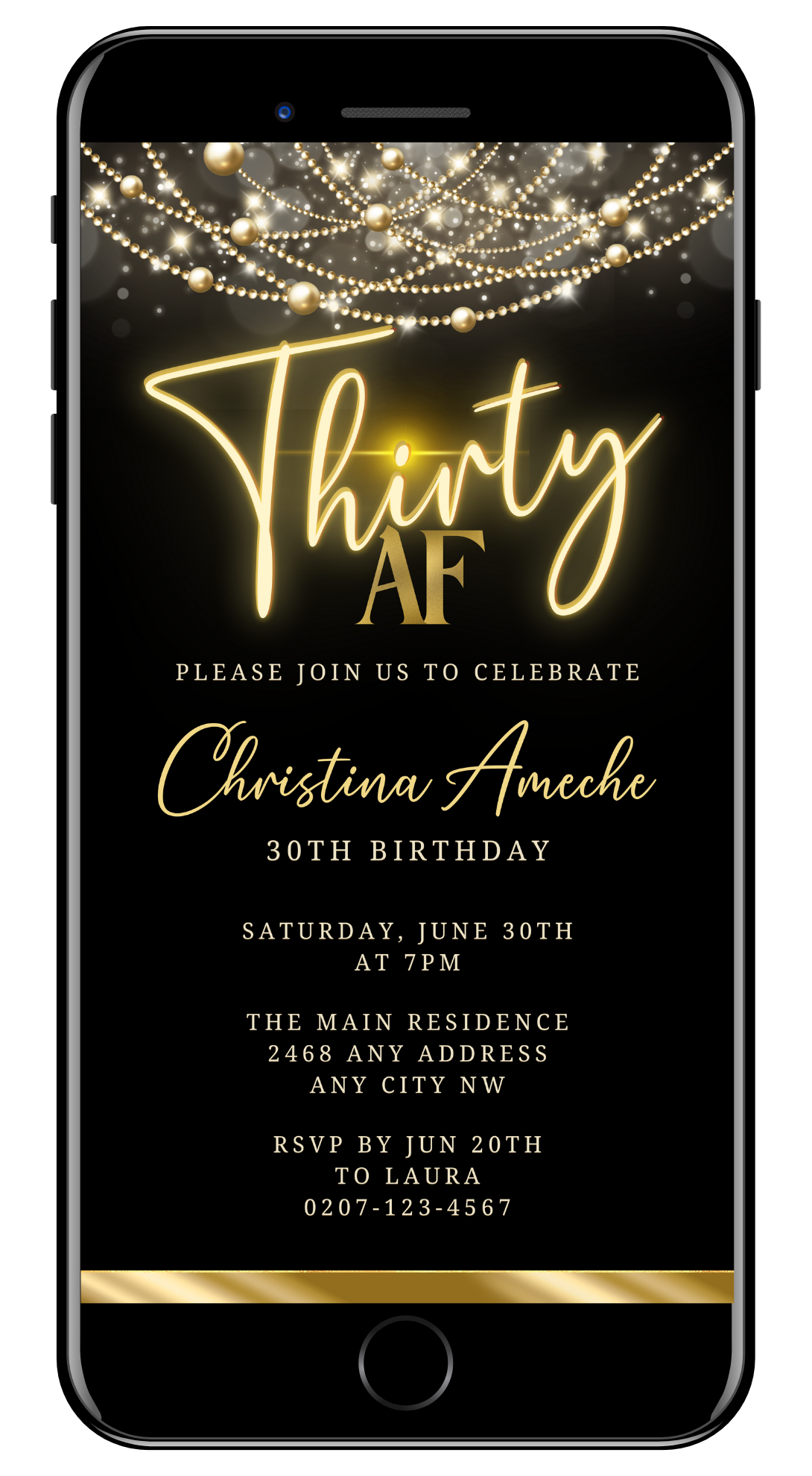Customizable Black Gold Neon Art Deco Bling 30AF Birthday Evite for smartphones; downloadable and editable via Canva.