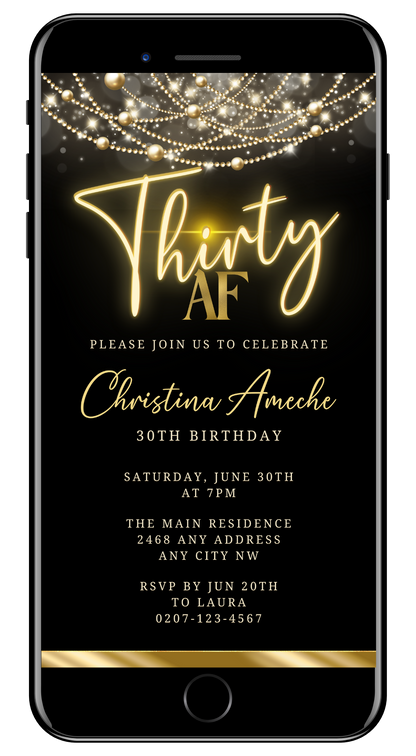 Customizable Black Gold Neon Art Deco Bling 30AF Birthday Evite for smartphones; downloadable and editable via Canva.