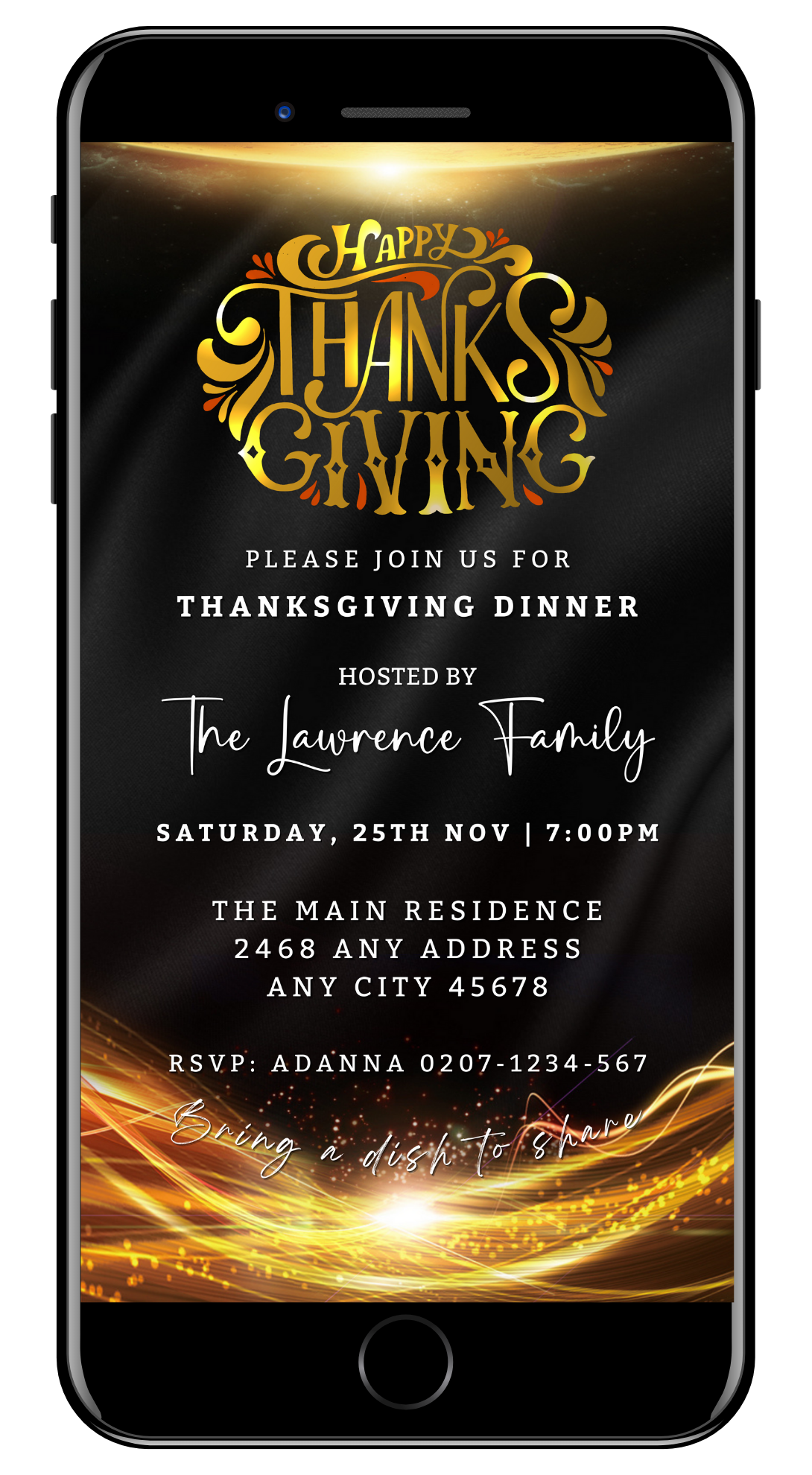Gold Neon Black Sparkle Thanksgiving Evite template displayed on a smartphone screen with editable gold text on a black background.