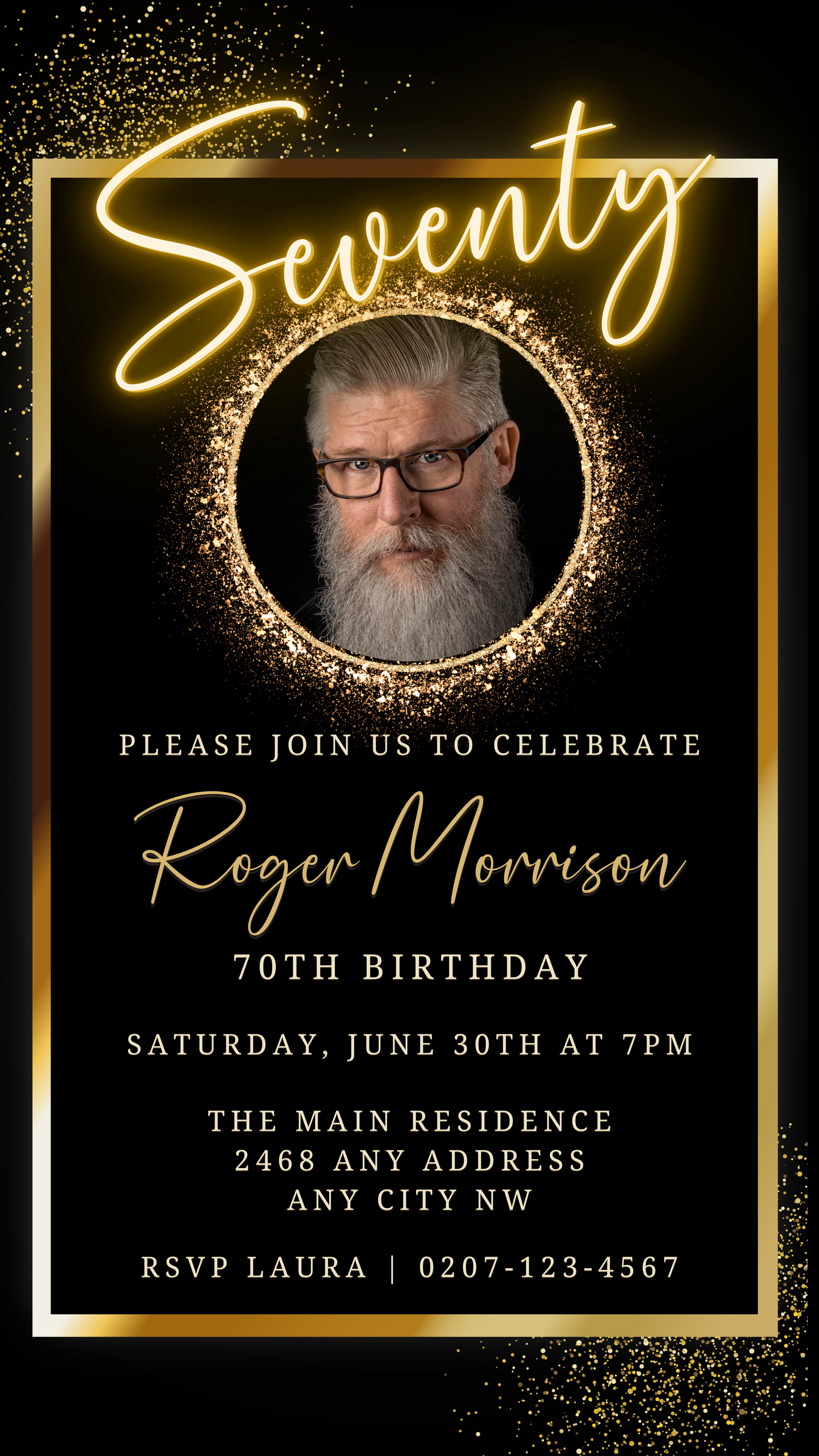 Man with a beard and glasses displayed in a customizable Digital Neon Gold Oval Photo Frame for a 70th Birthday Evite.