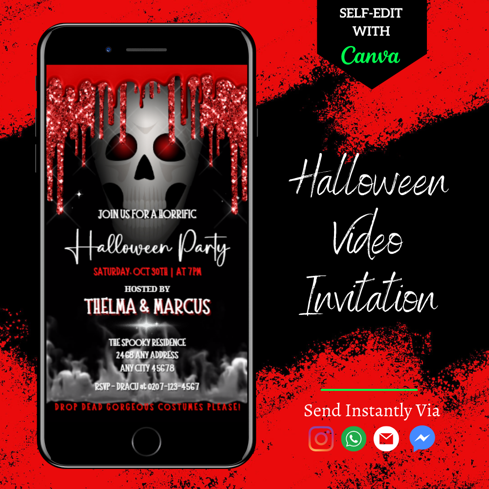 Dripping Smoking Red Eyed Skull | Halloween Party Video Invite displayed on a cell phone screen with spooky skull graphic and editable text.