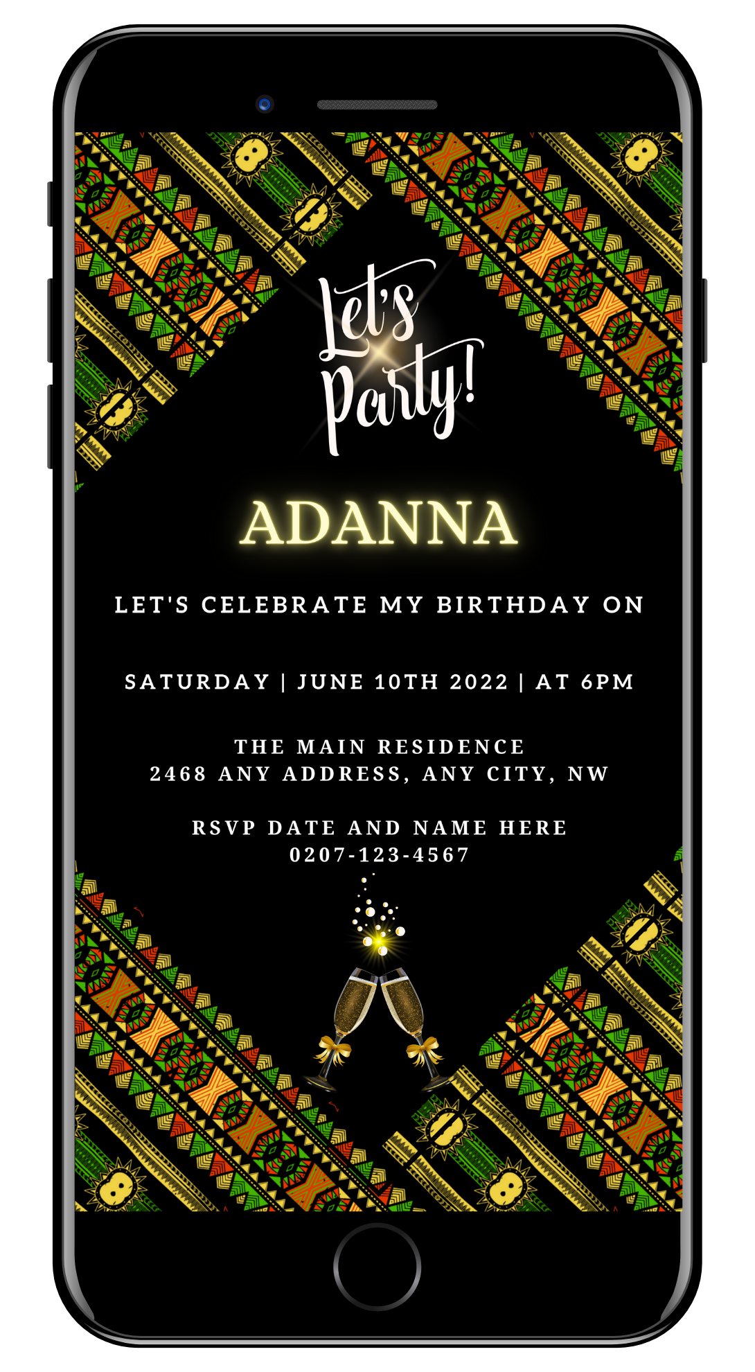 Digital invitation template for a party, displaying a customizable Green Black African Ankara design, editable via Canva for easy personalization and electronic sharing.