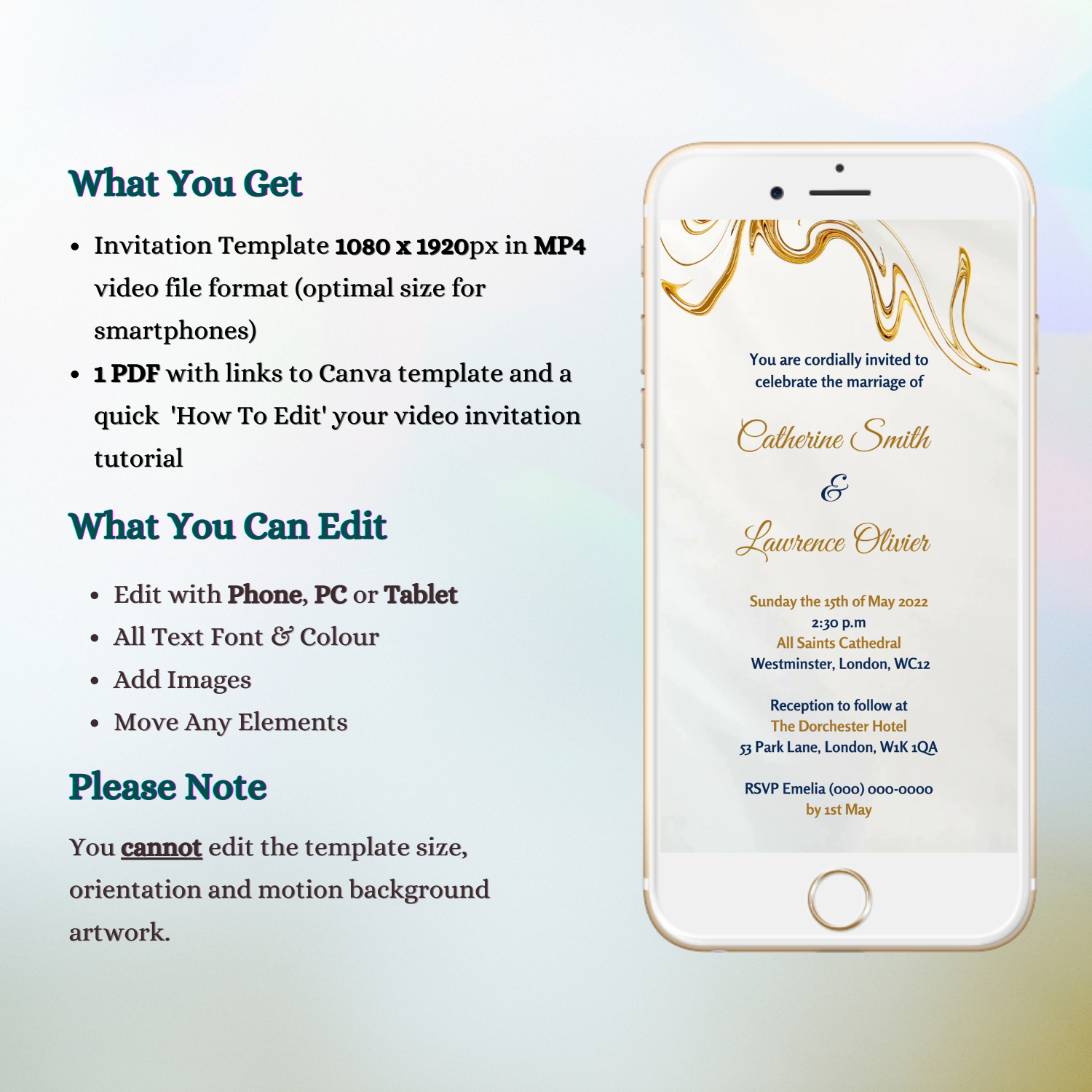 Customizable Gold Silk Agate Wedding Video Invitation displayed on a white smartphone, showcasing elegant gold design and text. Perfect for personalization and digital sharing via Canva.