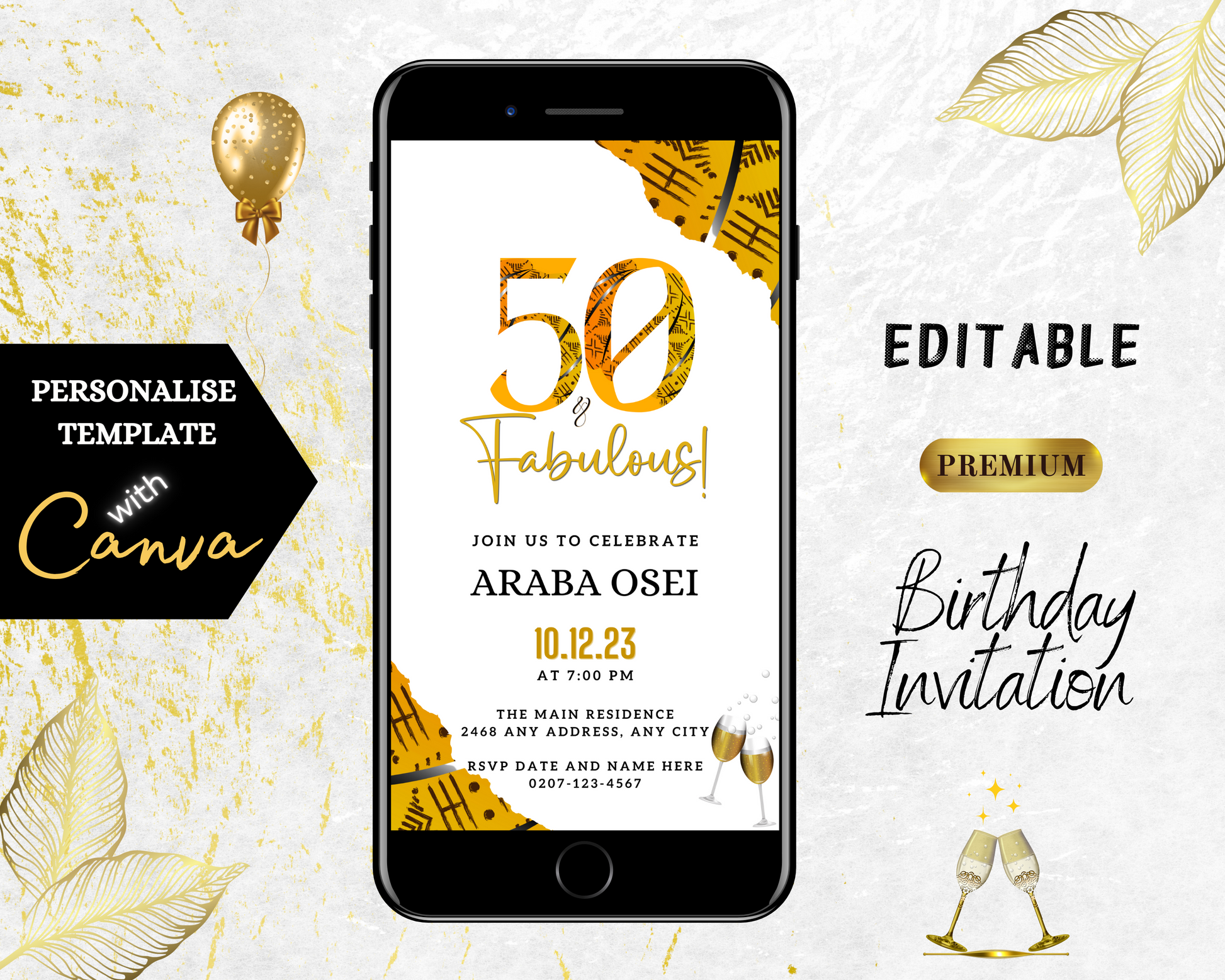 Cell phone displaying African Ankara Yellow White | 50 & Fabulous Birthday Evite template for customization via Canva.