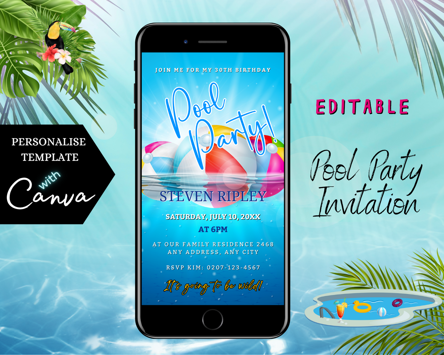 Digital Aqua Pool Party Invitation displayed on a smartphone screen, customizable via Canva for sharing through text, email, or messaging apps.