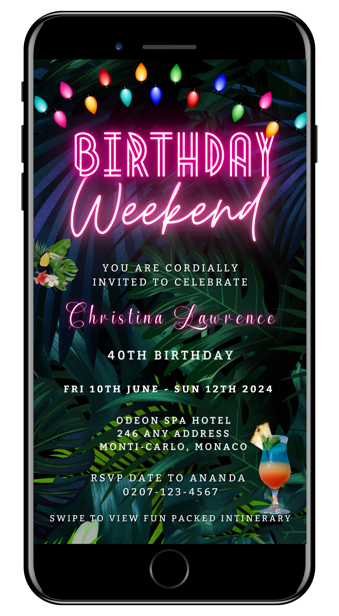 Tropical Destination Neon Pink | Weekend Party Evite displayed on a phone screen with vibrant neon elements, customizable via Canva for easy digital invitations.
