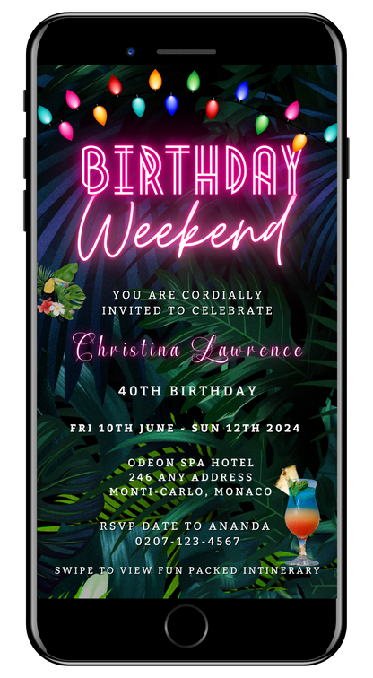 Tropical Destination Neon Pink | Weekend Party Evite displayed on a phone screen with vibrant neon elements, customizable via Canva for easy digital invitations.