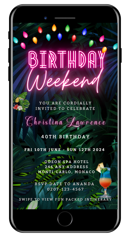 Tropical Destination Neon Pink | Weekend Party Evite displayed on a phone screen with vibrant neon elements, customizable via Canva for easy digital invitations.