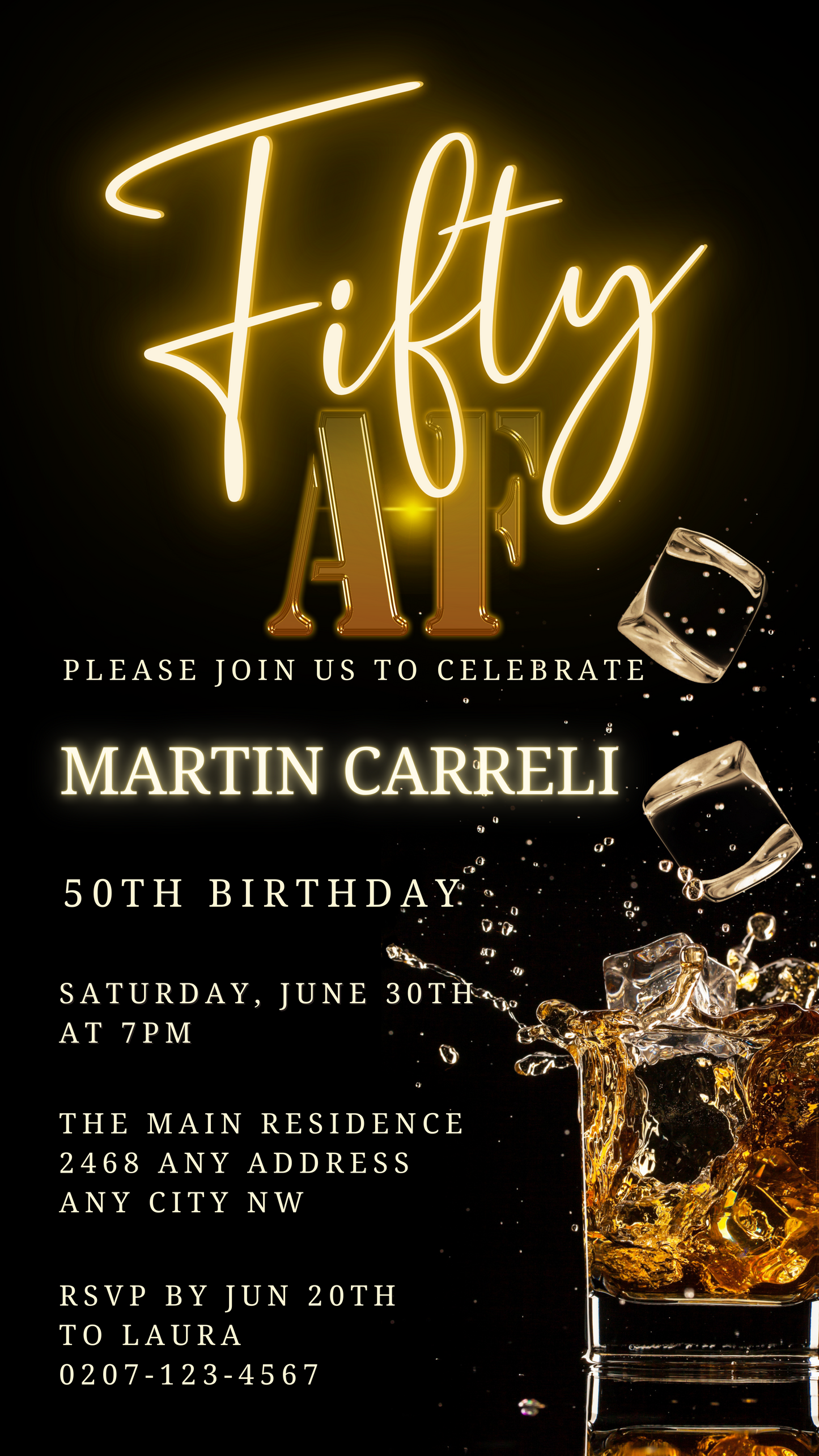 Black Gold Neon Cube Splash | 50AF Birthday Evite with customizable text and gold accents on a digital invitation template featuring ice cubes.