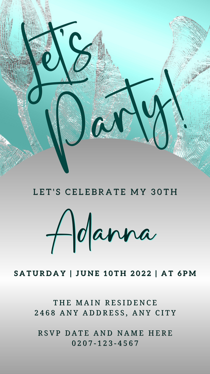 Elegant Teal Silver Customisable Party Evite, featuring a white and silver design with green text, editable via Canva for electronic invitations.