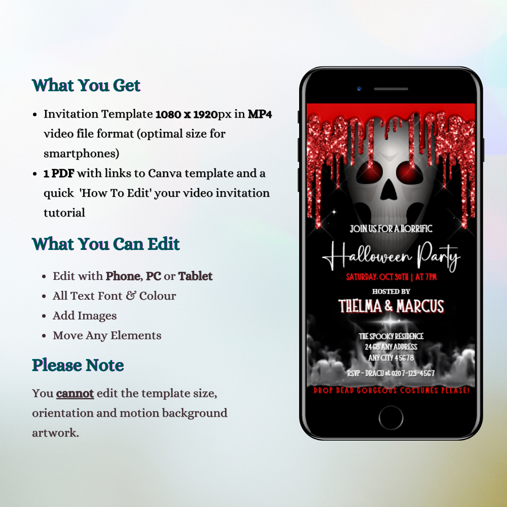 Digital invite template featuring a cell phone screen with a red-eyed skull and dripping blood for a Halloween party video invitation.