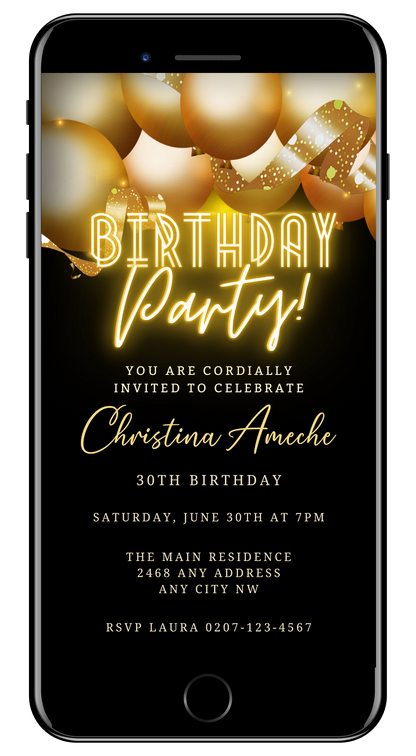 Customizable digital invitation with gold balloons for a birthday party, displayed on a smartphone screen. Editable via Canva for easy personalization and electronic sharing.