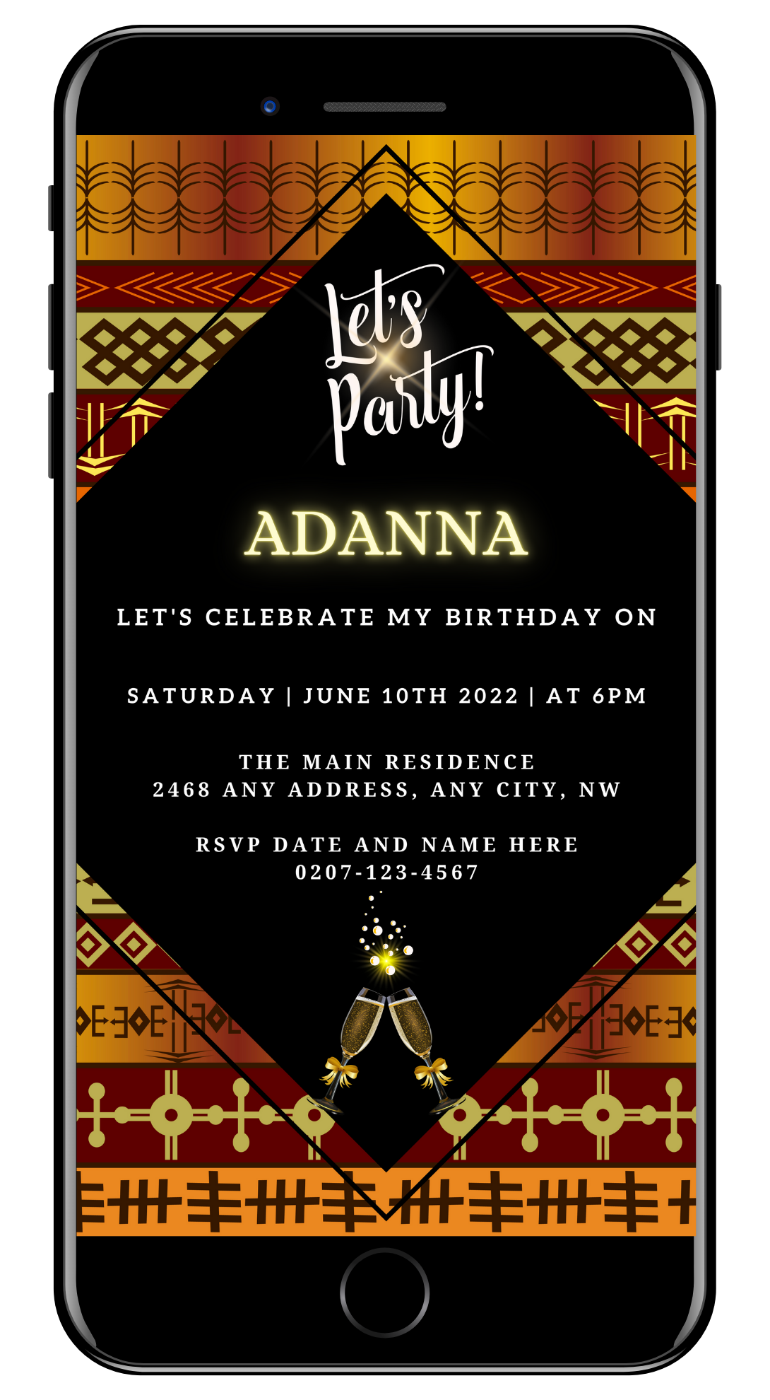 Editable Gold Yellow African Ankara party evite displayed on a smartphone screen, featuring a black and gold invitation template with white text and champagne glass icons.