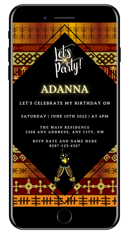 Editable Gold Yellow African Ankara party evite displayed on a smartphone screen, featuring a black and gold invitation template with white text and champagne glass icons.