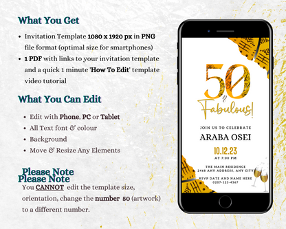 Cellphone displaying customizable Digital African Ankara Yellow White | 50 & Fabulous Birthday Evite template with editable text and numbers on the screen.