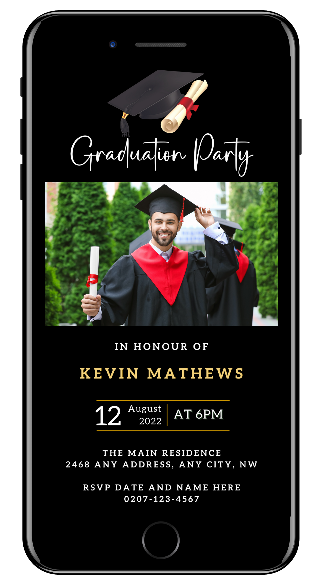 Man in graduation gown holding diploma for Personalised Black & Gold Graduation Party Invitation, featuring customizable photo, cap, and diploma graphics. Editable via Canva.