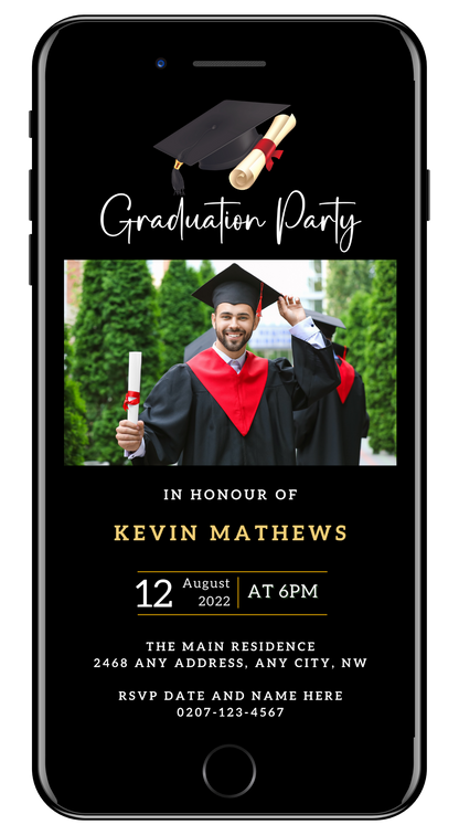 Man in graduation gown holding diploma for Personalised Black & Gold Graduation Party Invitation, featuring customizable photo, cap, and diploma graphics. Editable via Canva.