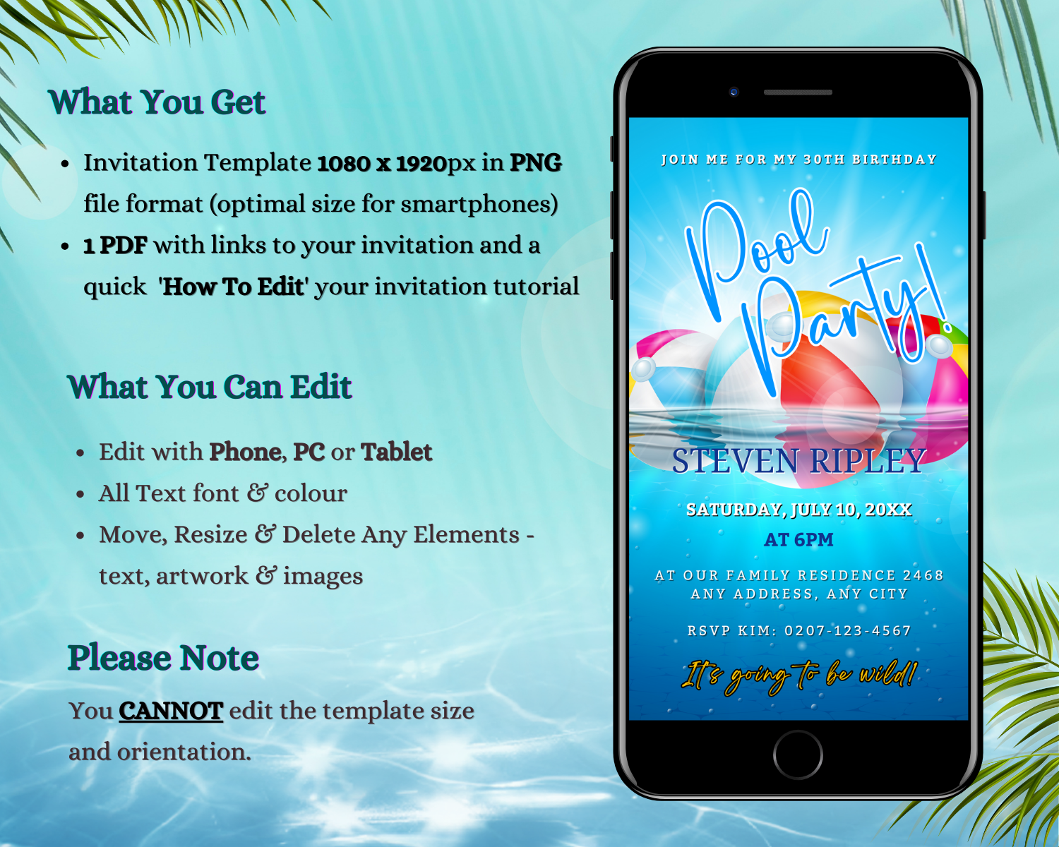 Smartphone displaying a customizable Digital Aqua Pool Party Invitation template, featuring editable text and images, perfect for sharing via text, email, or social media.