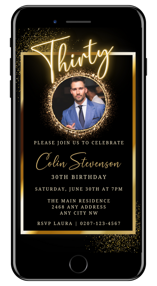 Man in a blue suit holding a glass featured on the customizable Black Gold Neon With Photo Frame | 30th Party Evite for smartphones.