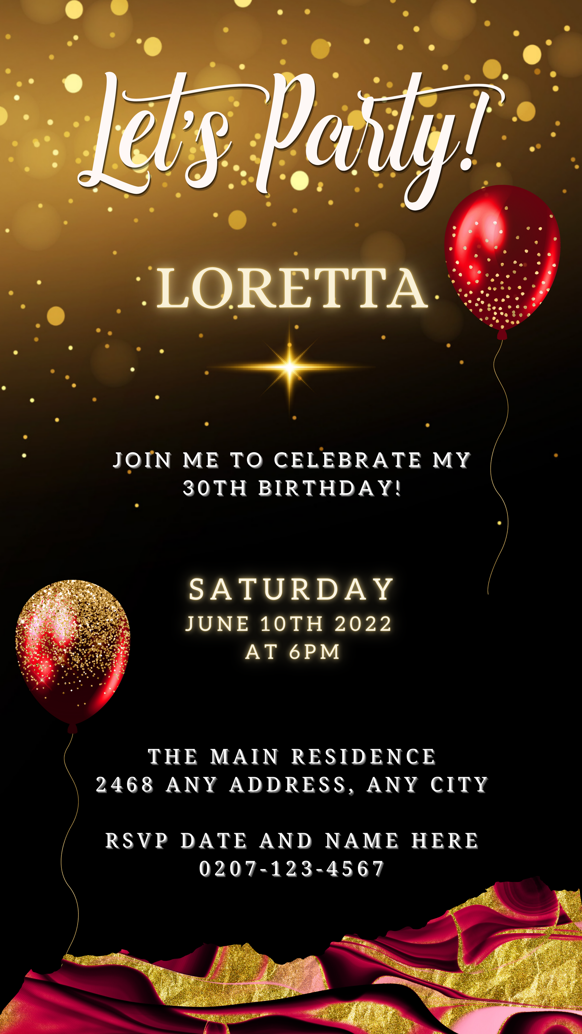 Birthday invitation template featuring burgundy and gold Ankara balloons with editable text, customizable via Canva for digital sharing on smartphones.