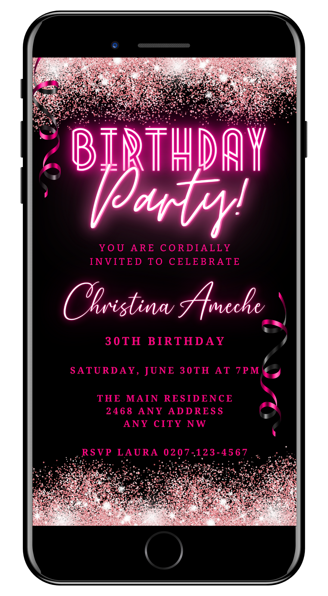 Customisable digital birthday party invitation with neon pink glitter ribbons and editable text, designed for smartphones and available for instant download.