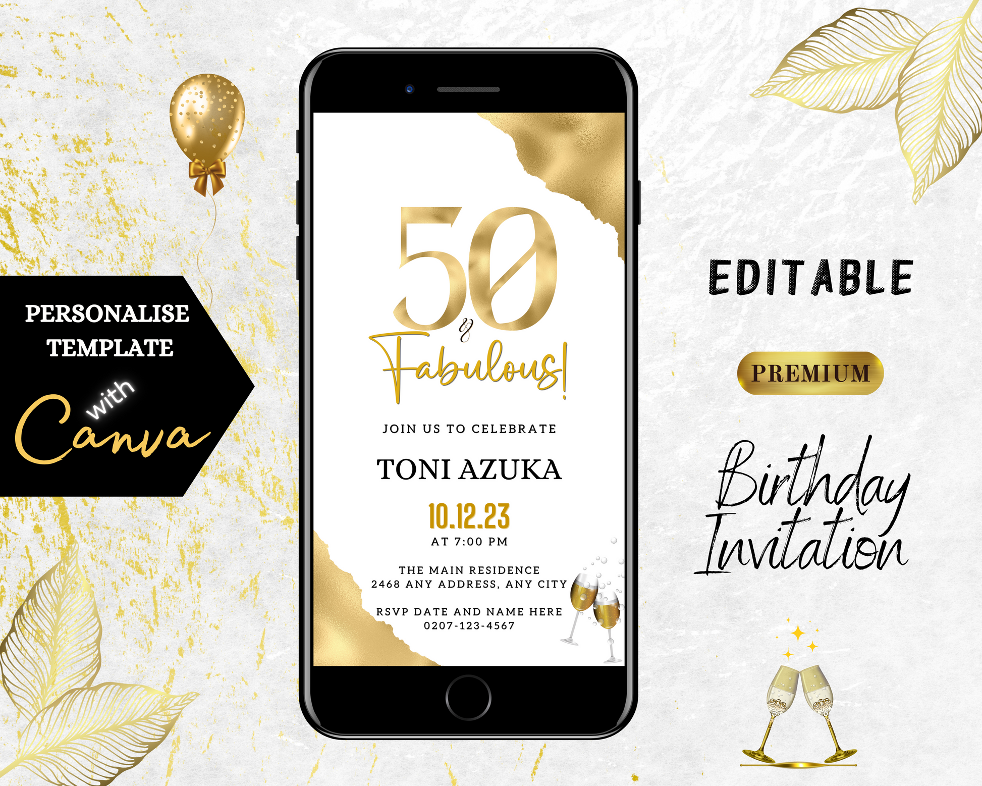 Gold White | 50 & Fabulous Party Evite on a smartphone screen. Customizable digital invitation template, editable via Canva, featuring celebratory text and decorative elements.