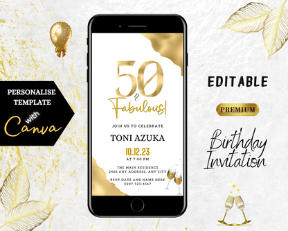 Gold White | 50 & Fabulous Party Evite on a smartphone screen. Customizable digital invitation template, editable via Canva, featuring celebratory text and decorative elements.