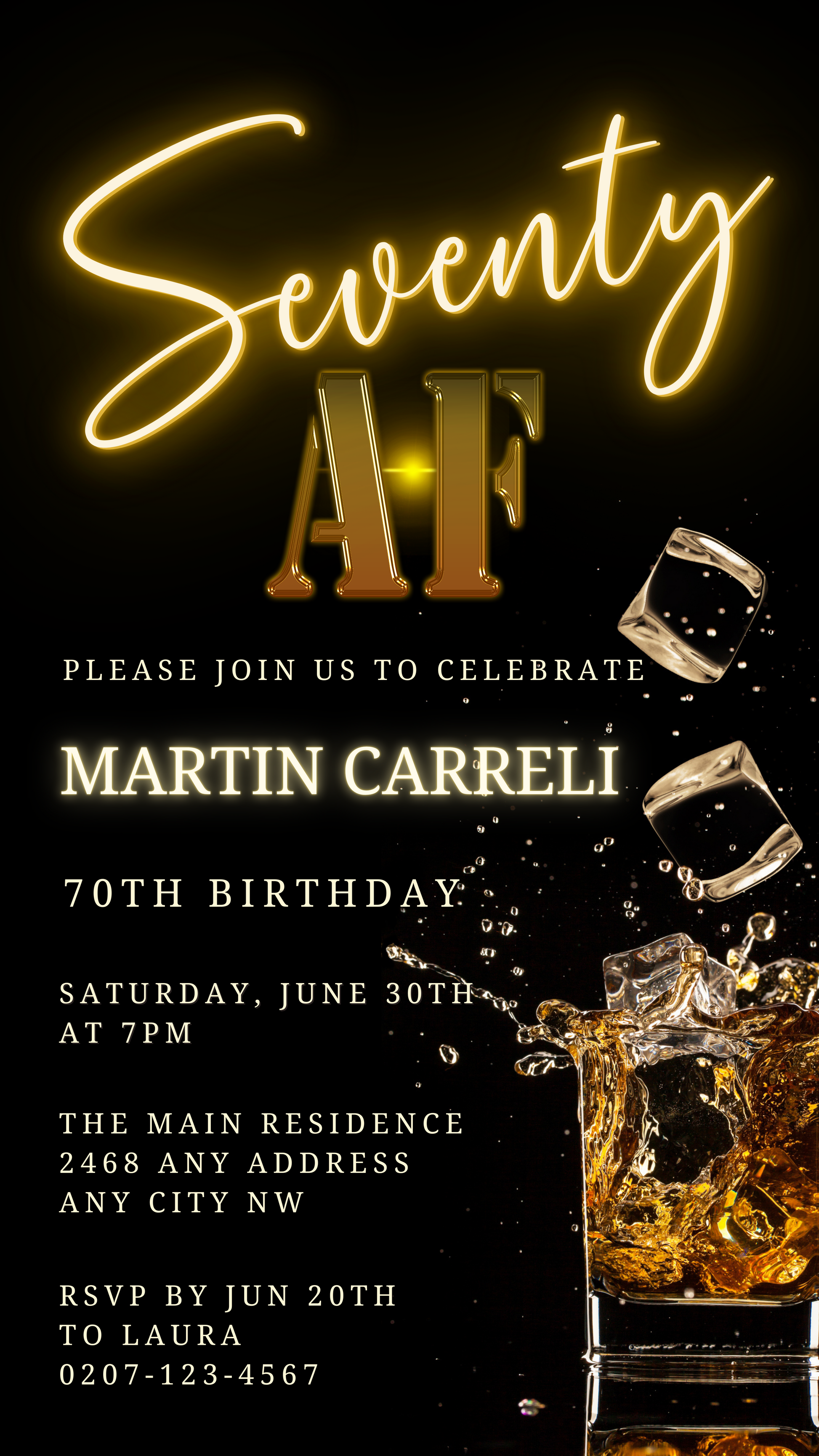 Black Gold Neon Cube Splash | 70AF Birthday Evite with customizable gold letters and ice cube design, ideal for digital invitations via text or email.