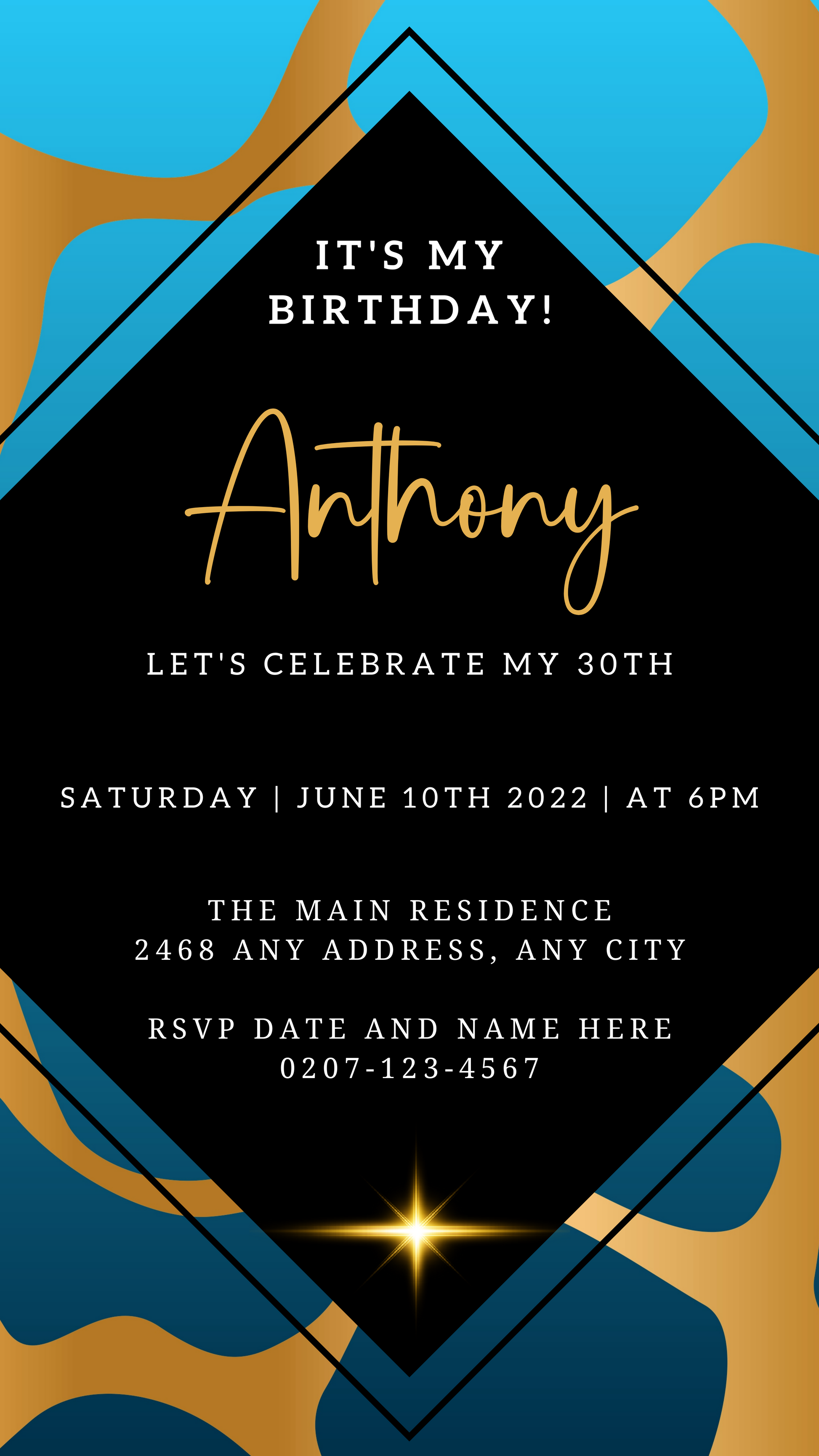 Blue Gold Abstract Print | Customisable Party Evite, featuring editable text on a black background with gold accents. Download and personalize via Canva for digital sharing.