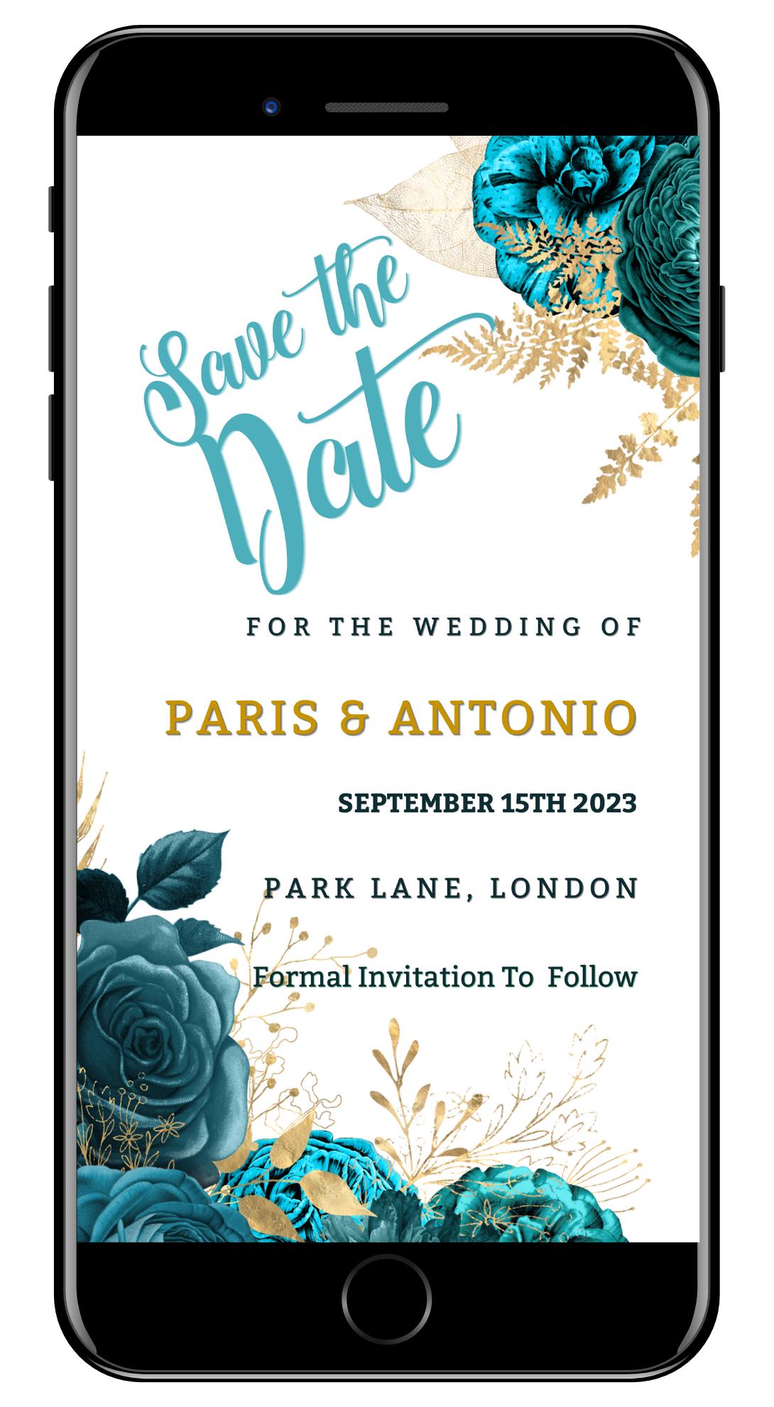 Editable Digital Teal Gold Floral Rustic | Save The Date Wedding Evite on a smartphone screen, customizable via Canva for easy sharing through messaging apps.