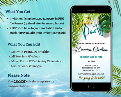 Digital Tropical Themed | Pool Party Invitation on a smartphone screen featuring palm leaves and editable text.