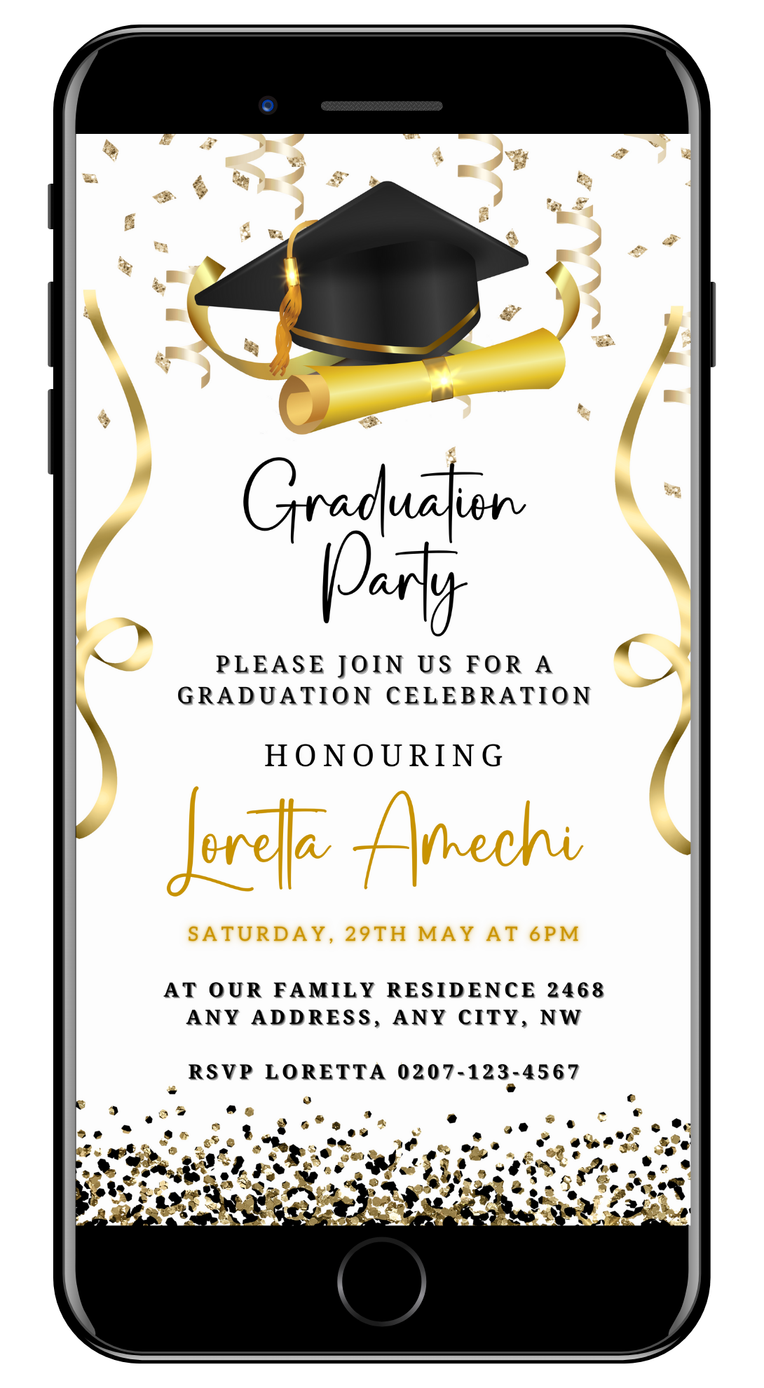 Gold & Black Digital Graduation Party Invitation displayed on a smartphone screen, featuring customizable text and design elements for personalizing via Canva.