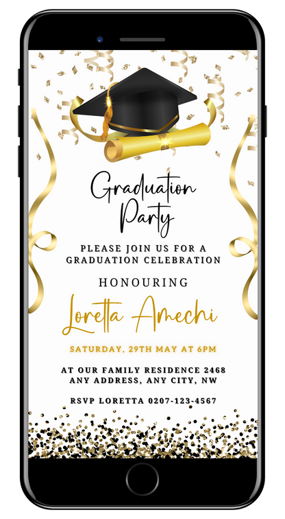 Gold & Black Digital Graduation Party Invitation displayed on a smartphone screen, featuring customizable text and design elements for personalizing via Canva.