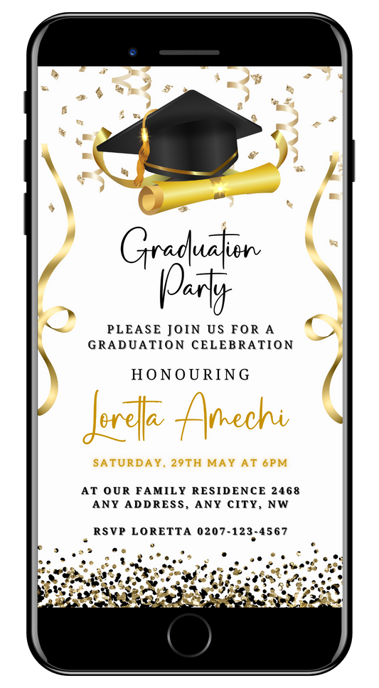 Gold & Black Digital Graduation Party Invitation displayed on a smartphone screen, featuring customizable text and design elements for personalizing via Canva.