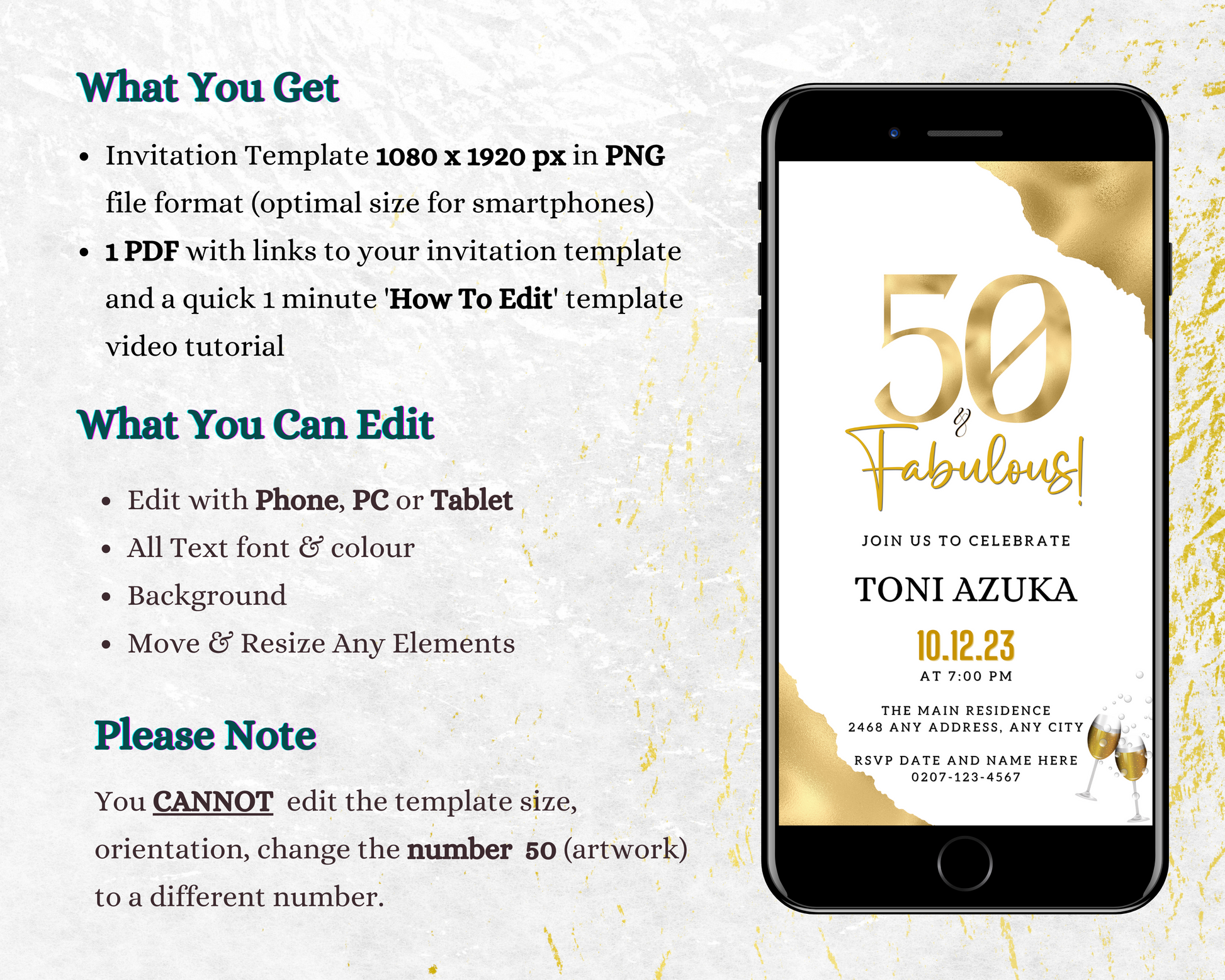 Customizable Gold White | 50 & Fabulous Party Evite displayed on a smartphone screen, highlighting elegant gold and white design elements.