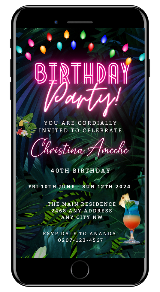 Colourful Neon Pink Tropical | Birthday Party Evite