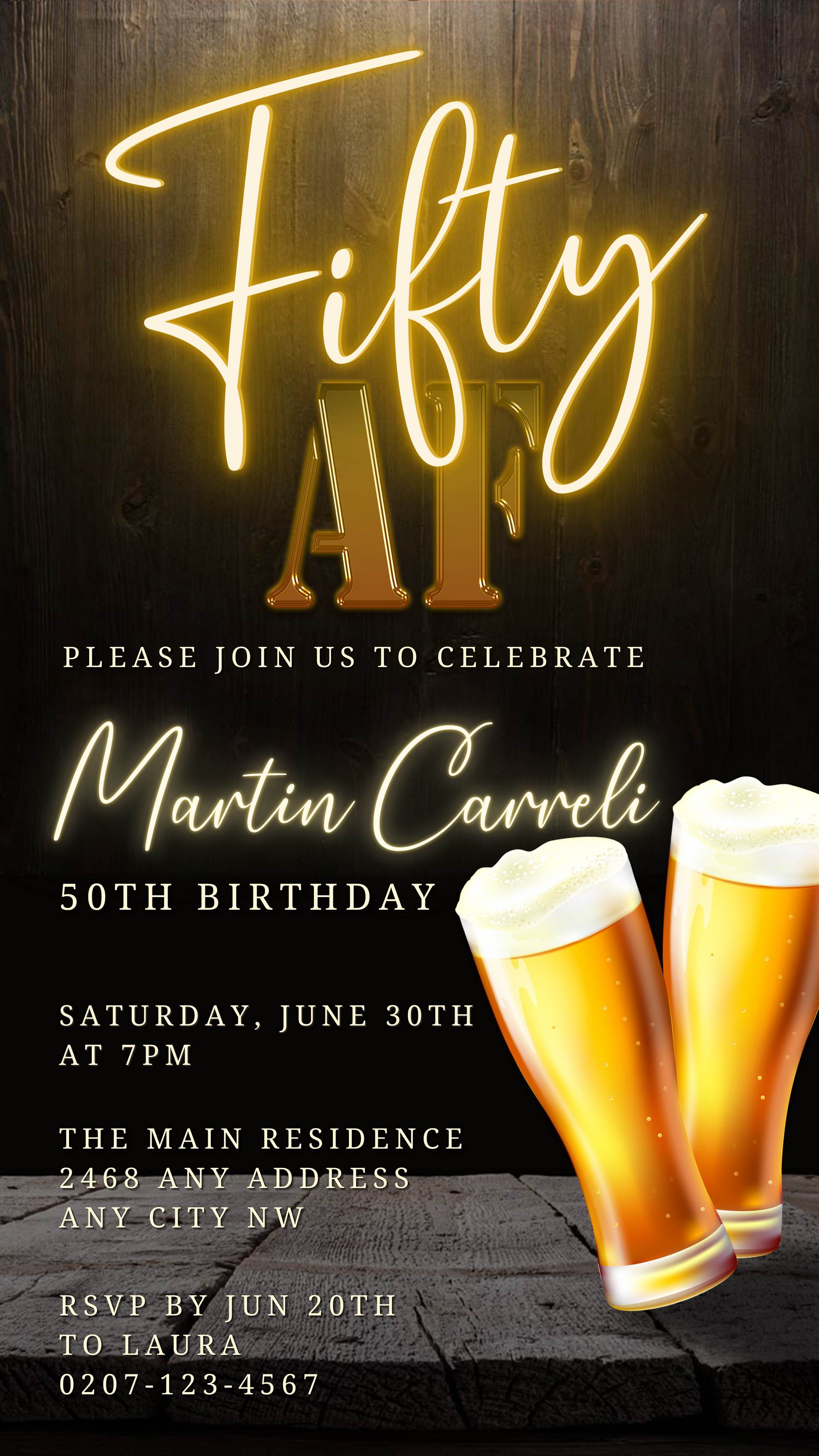 Black Gold Neon Beer | 50AF Birthday Evite with customizable text and beer glasses, perfect for digital invitations via smartphone using Canva.